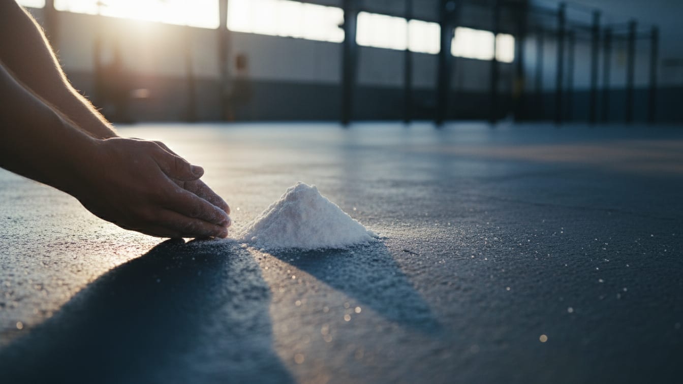 Illustration: A scoop of creatine powder sits on a damp concrete surface under warm morning light.