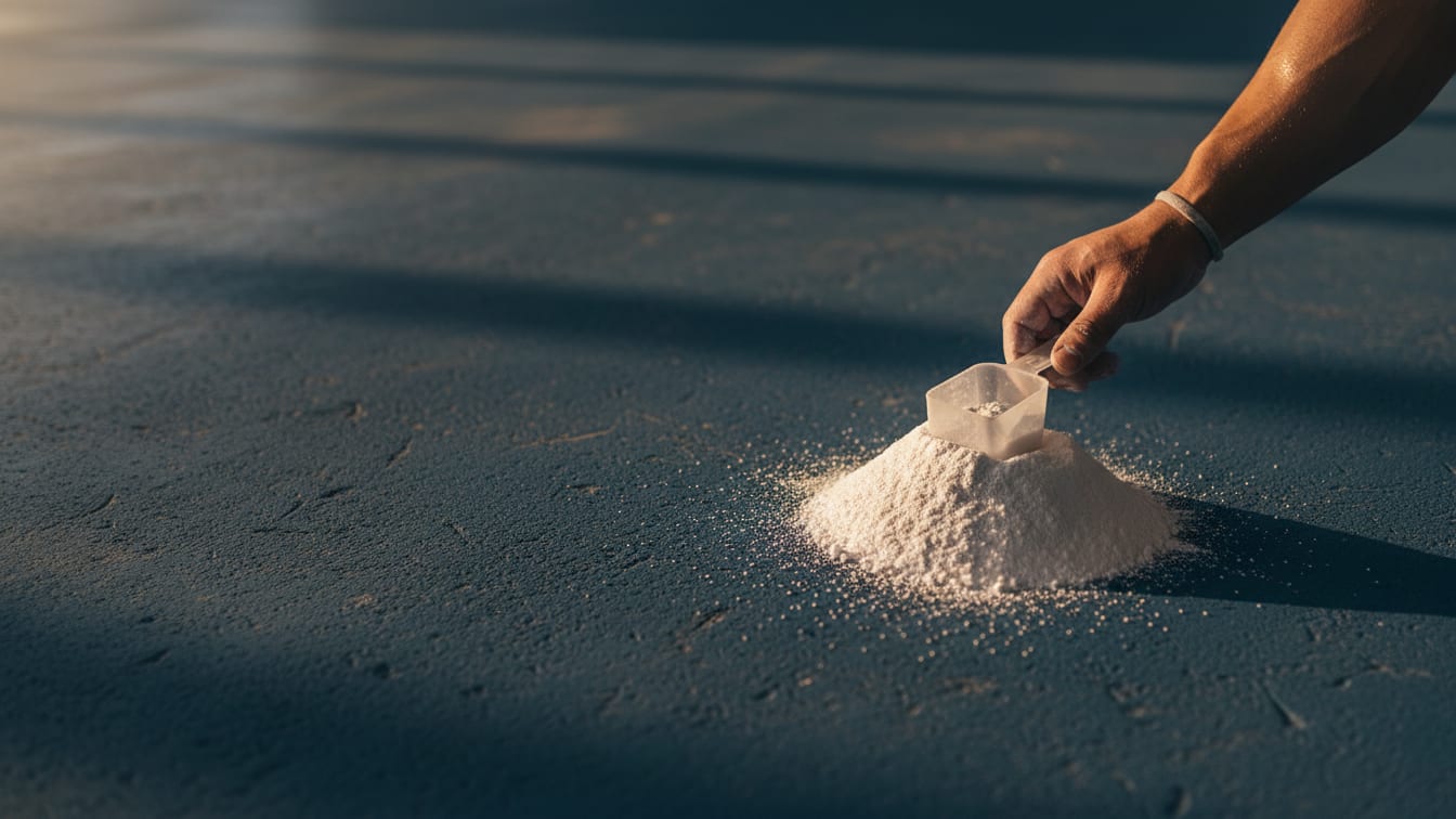 Illustration: A small scoop on white powder on a deep blue concrete surface.