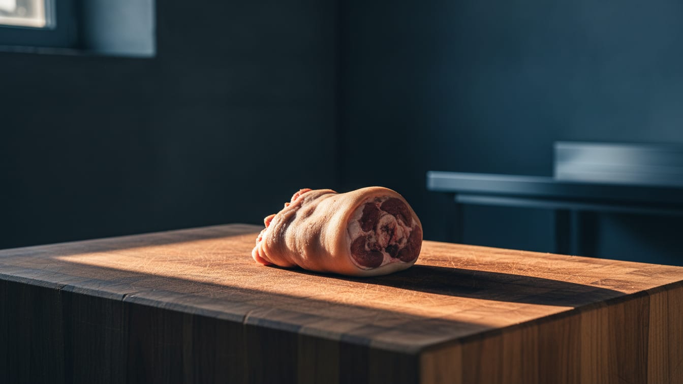 Illustration: A raw pork knuckle rests on a worn butcher's block, bathed in warm morning light.