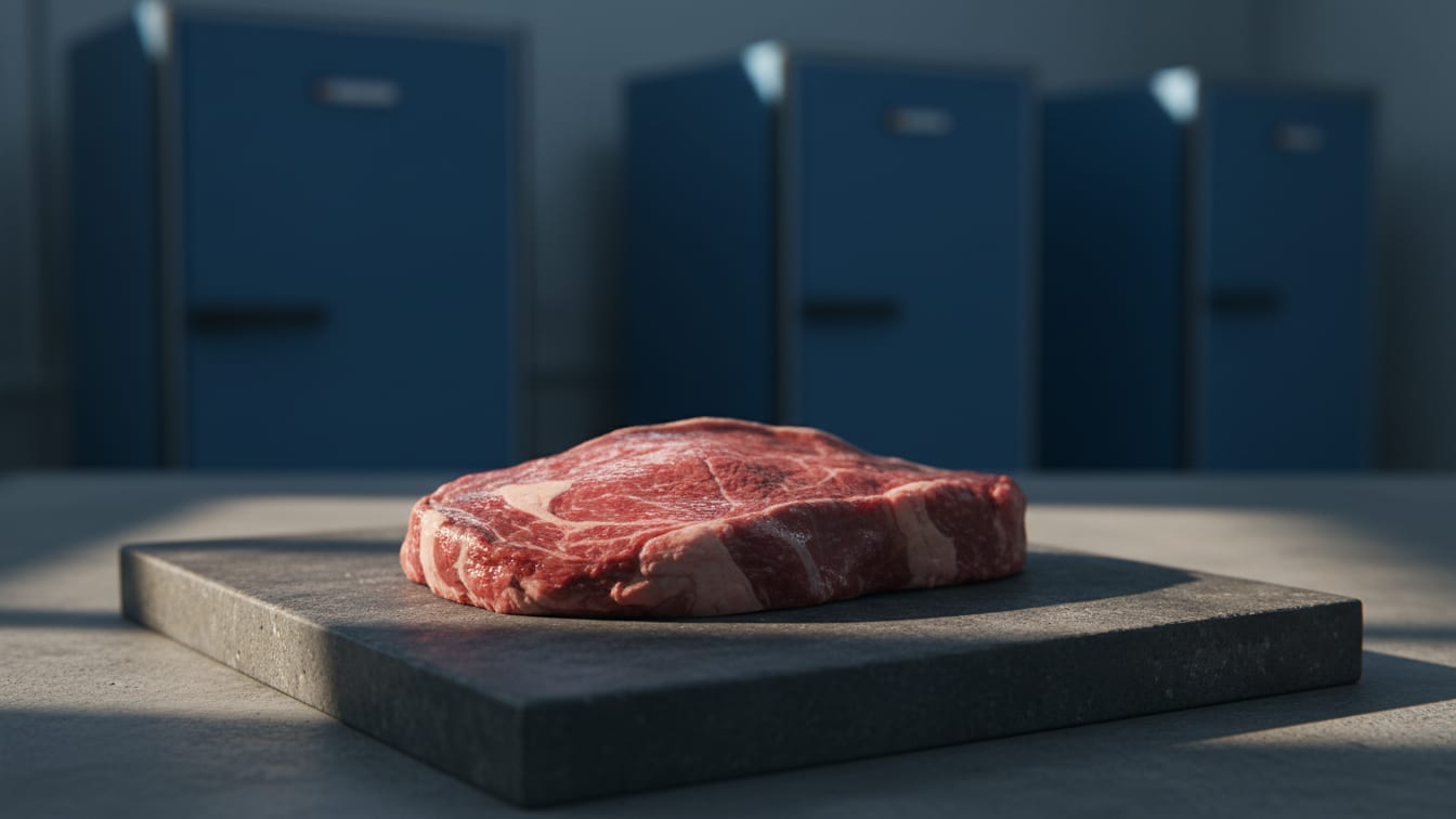 Illustration: Raw red meat on a dark cutting board, with a deep blue background and cool daylight.