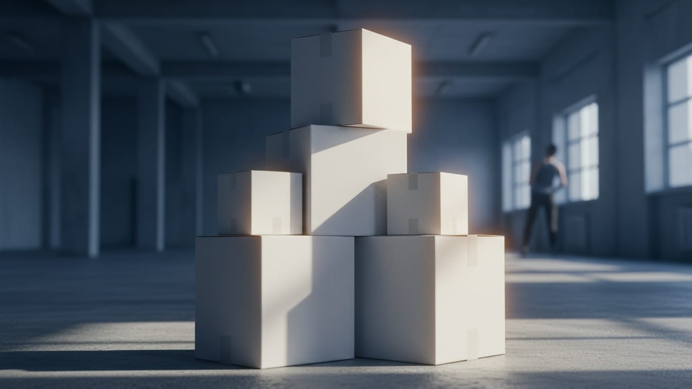 Illustration: A stack of plain white unsealed paper boxes on a concrete surface, lit by blue and warm light.