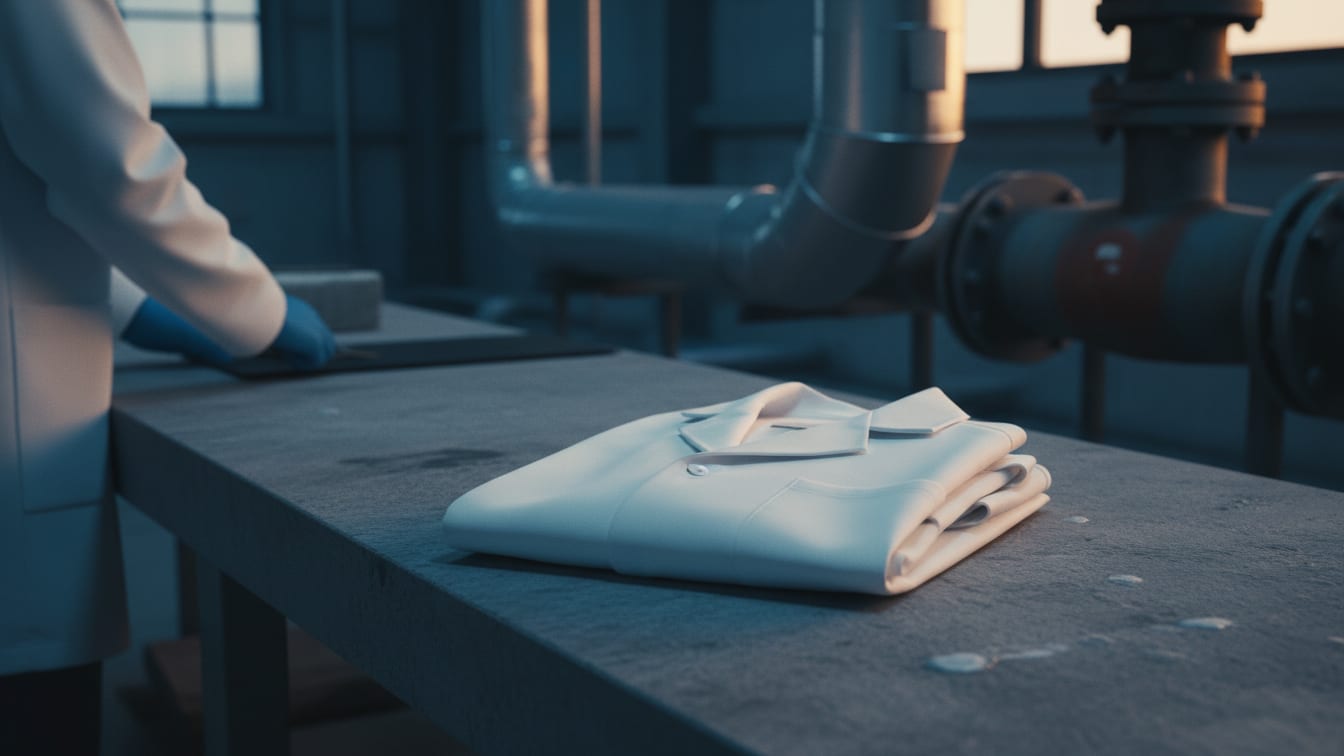 Illustration: A folded lab coat on a concrete workbench in a chemical plant under cool blue light.