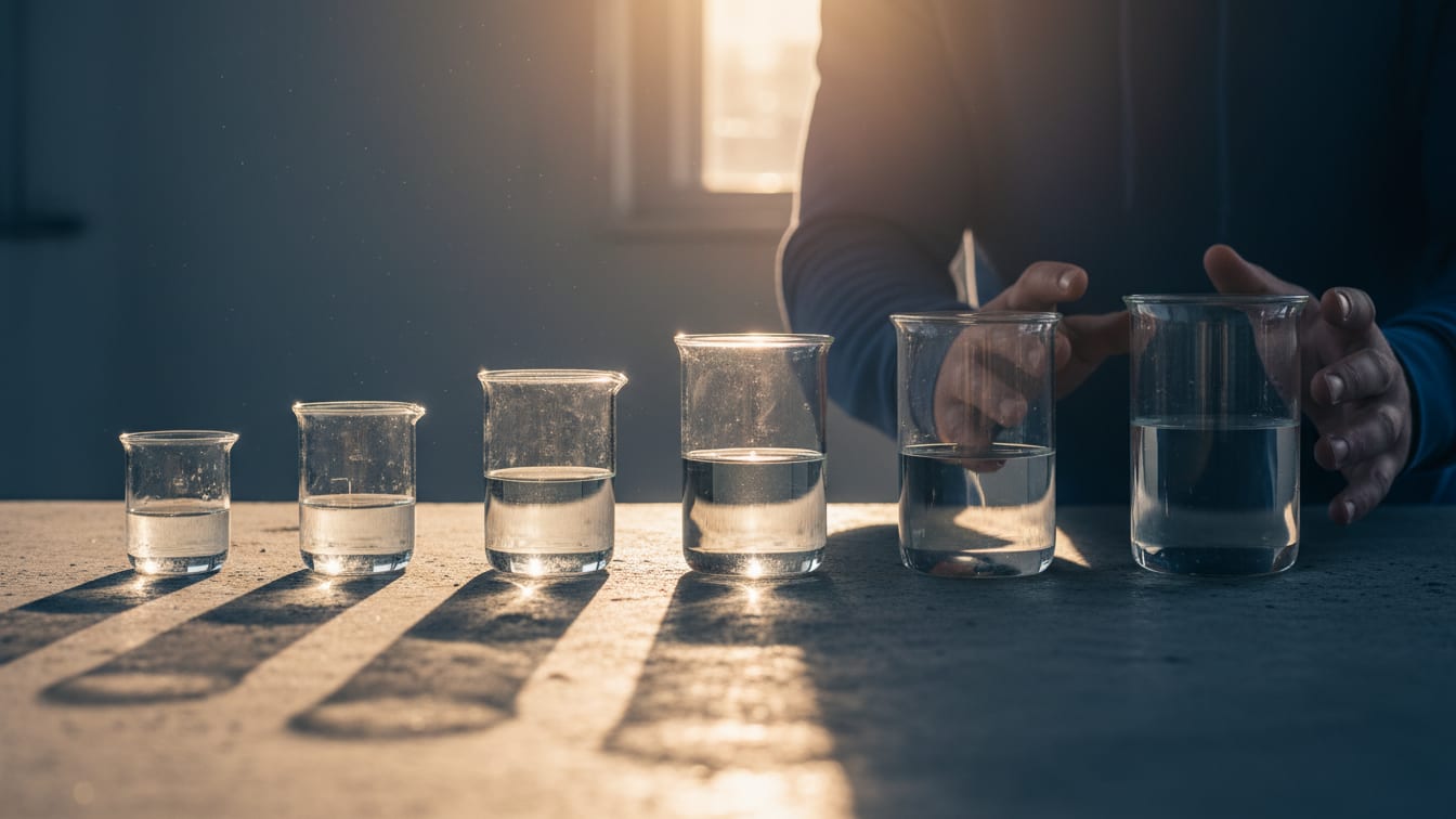 Illustration: Five glass beakers with clear liquid at different levels on a concrete bench, under morning light.