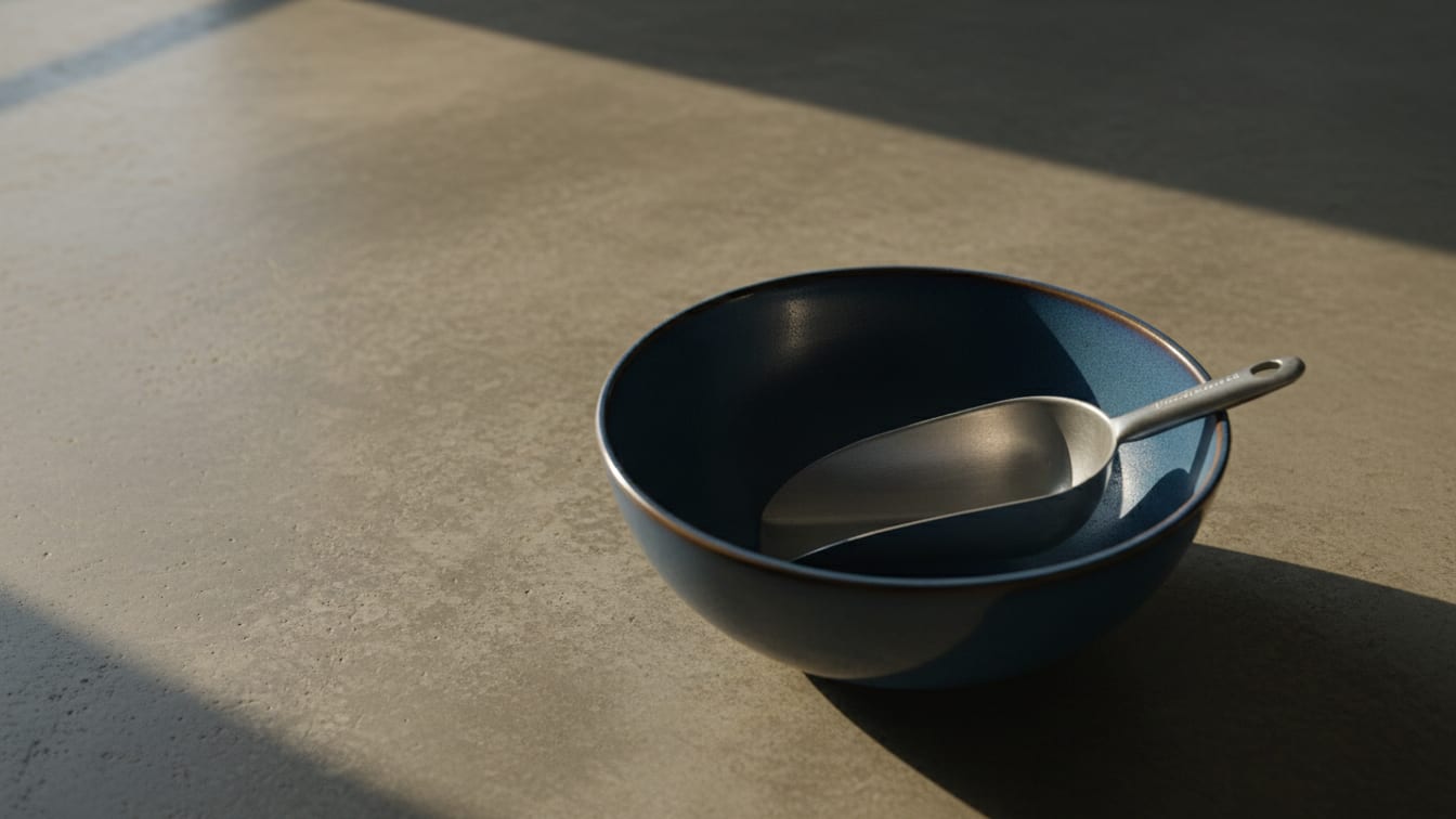 Illustration: An unbranded scoop in a deep blue ceramic bowl on concrete, lit by warm morning light.