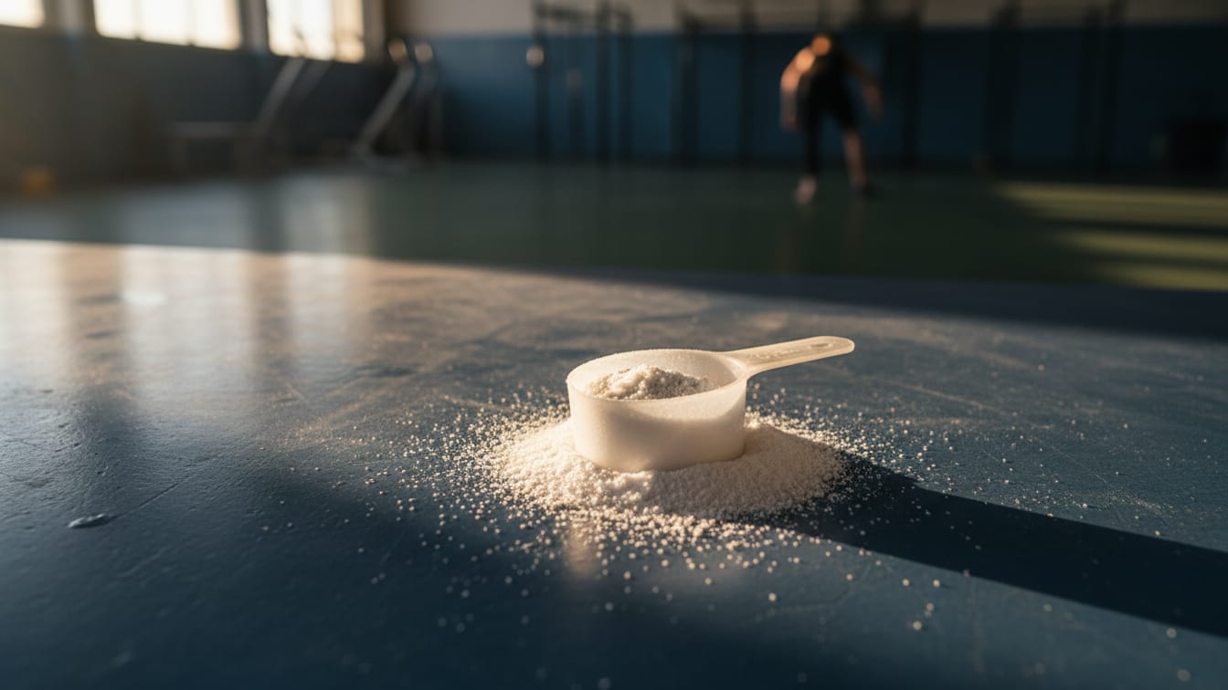 Illustration: A plastic scoop on white powder on a blue-grey counter, lit by warm daylight.