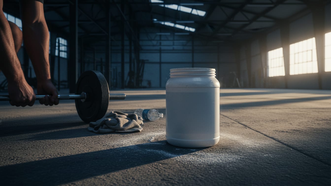 Illustration: An unbranded creatine tub on a concrete gym floor in early morning light.