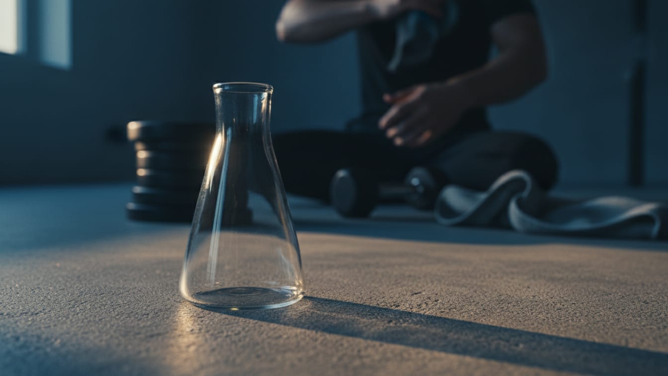 Illustration: An empty, unbranded glass vial on a concrete surface under blue light.