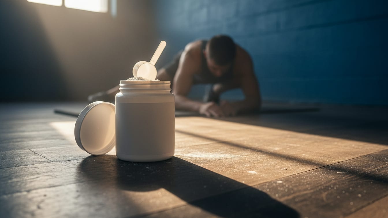 Illustration: A tub of creatine powder with a scoop on a wooden gym floor, lit by warm morning light.