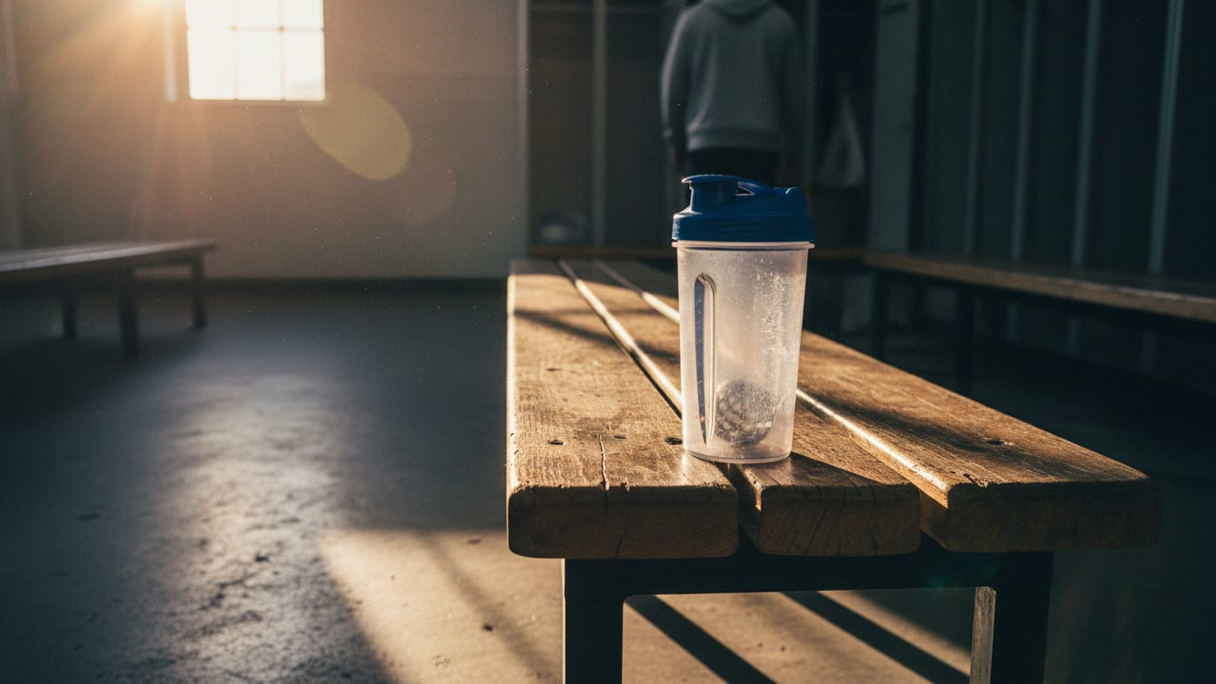 Illustration: A blender bottle on a locker room bench with white powder residue, lit by morning sun.