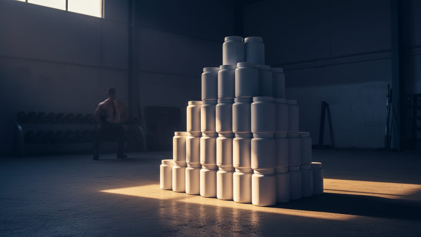 Illustration: A stack of plain, unlabeled supplement tubs on a concrete floor in dim morning light.