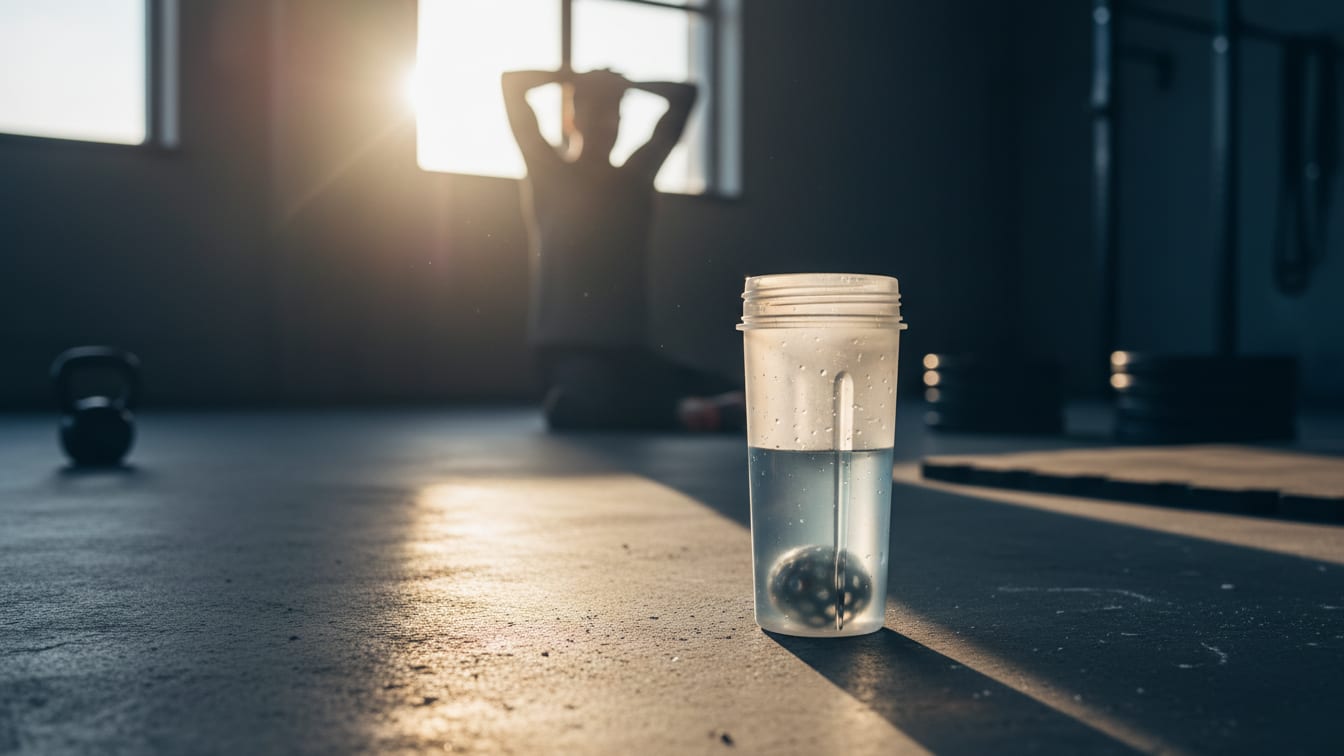 Illustration: A blender bottle with clear liquid on a concrete gym floor in early morning light.