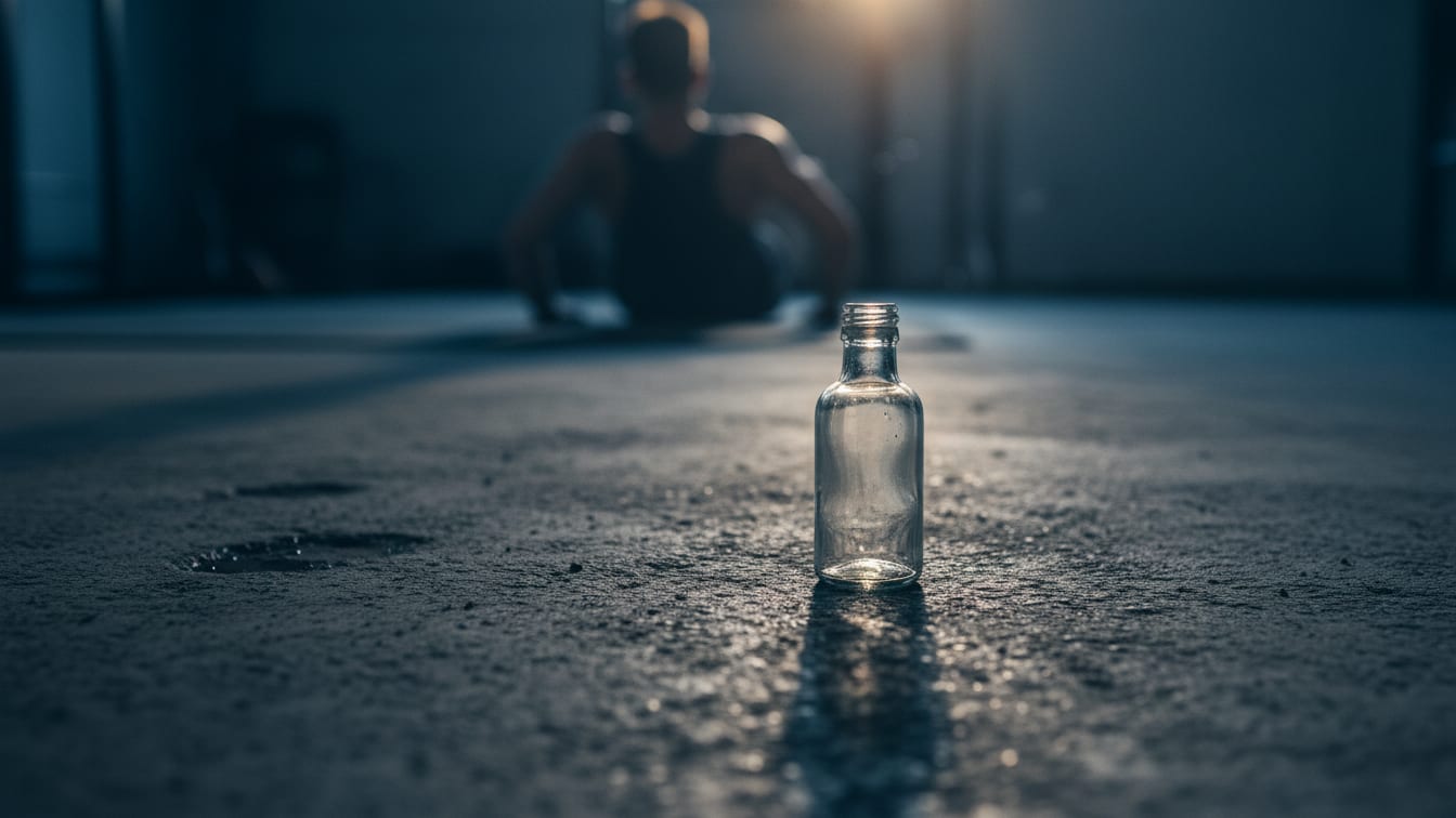 Illustration: An empty, clear shot bottle on a damp concrete surface, illuminated by deep blue and warm light.