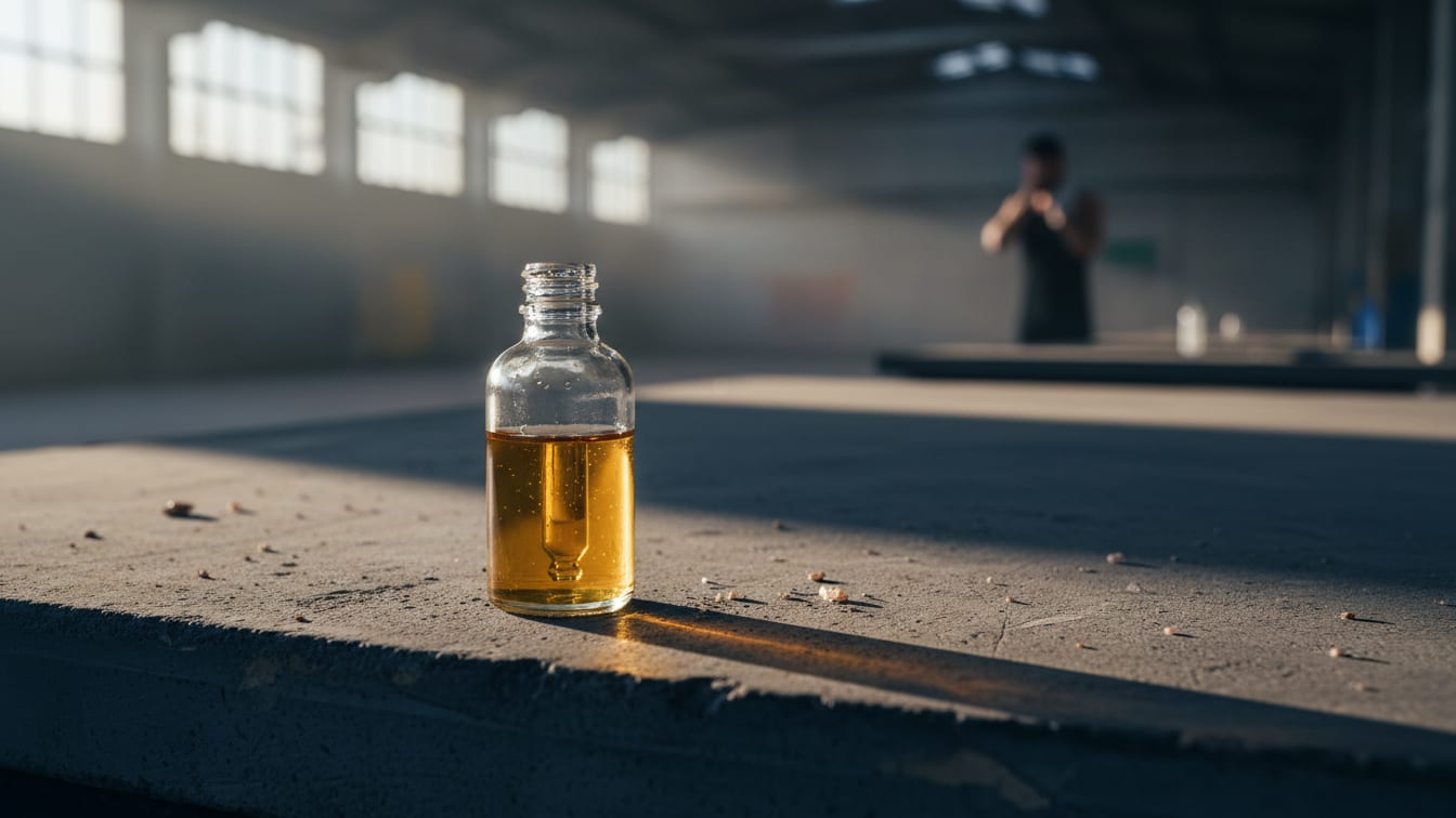 Illustration: A clear glass dropper bottle containing liquid on a concrete lab bench.