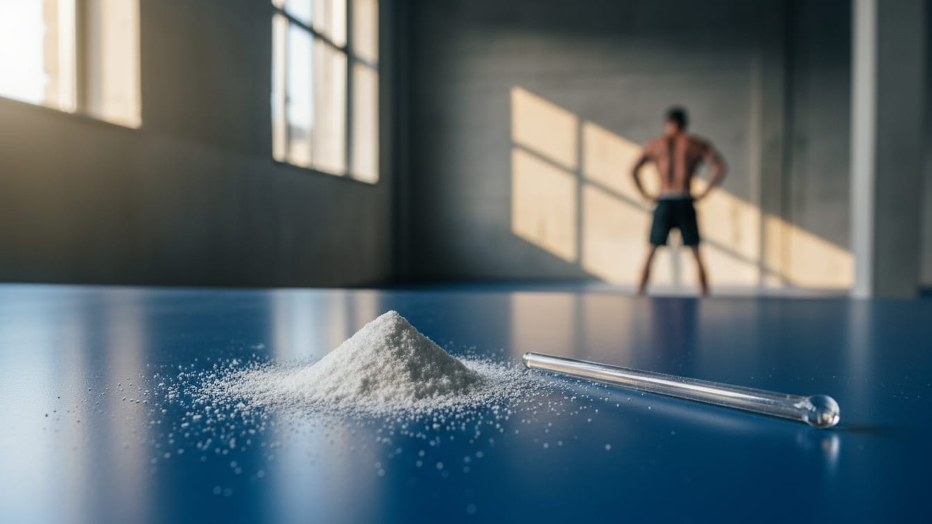 Illustration: Micronized creatine powder on a dark blue lab bench with a glass stirring rod.