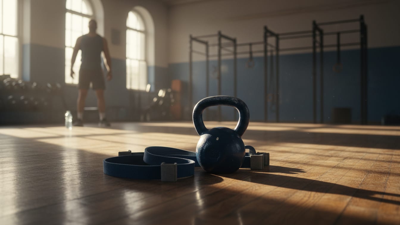 Illustration: A kettlebell and resistance band on a wooden floor in a sunlit gym, conveying a sense of early morning.