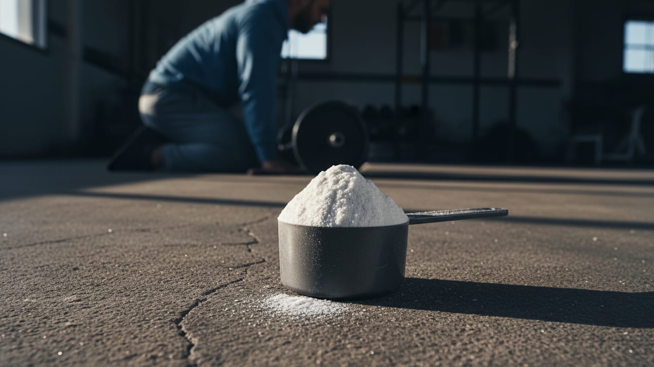 Illustration: A scoop of white creatine powder on a dark metal scoop on a concrete surface in morning light.
