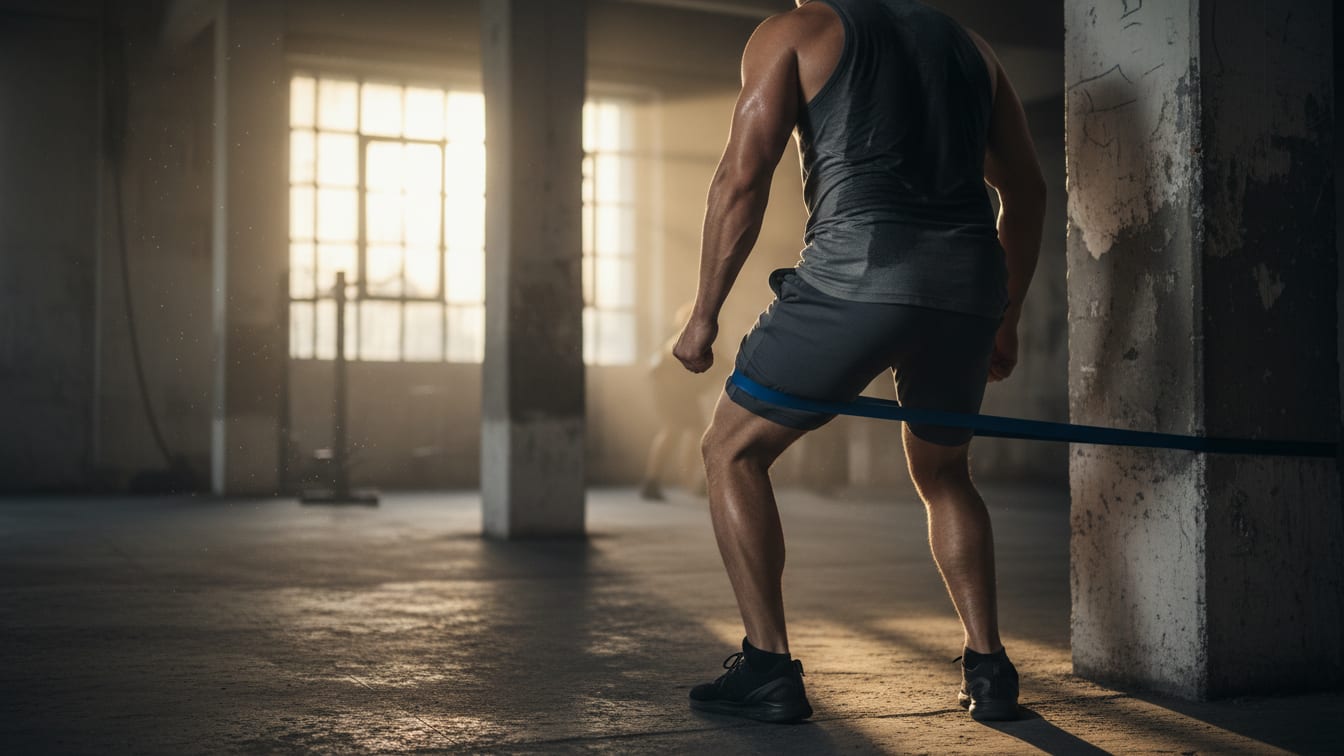 Illustration: A resistance band is shown in use during a training session, attached to a leg and a concrete pillar.