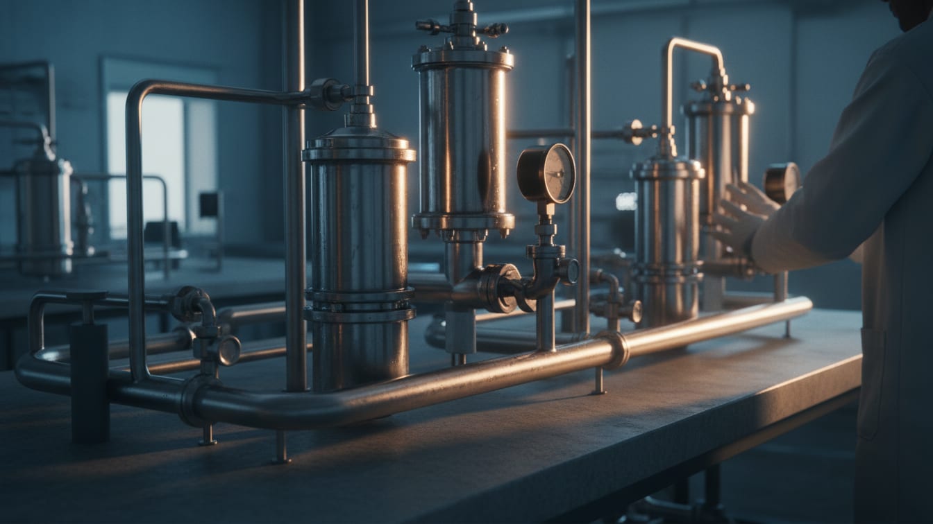 Illustration: A sterile stainless steel filter assembly on a lab bench in cool morning light.