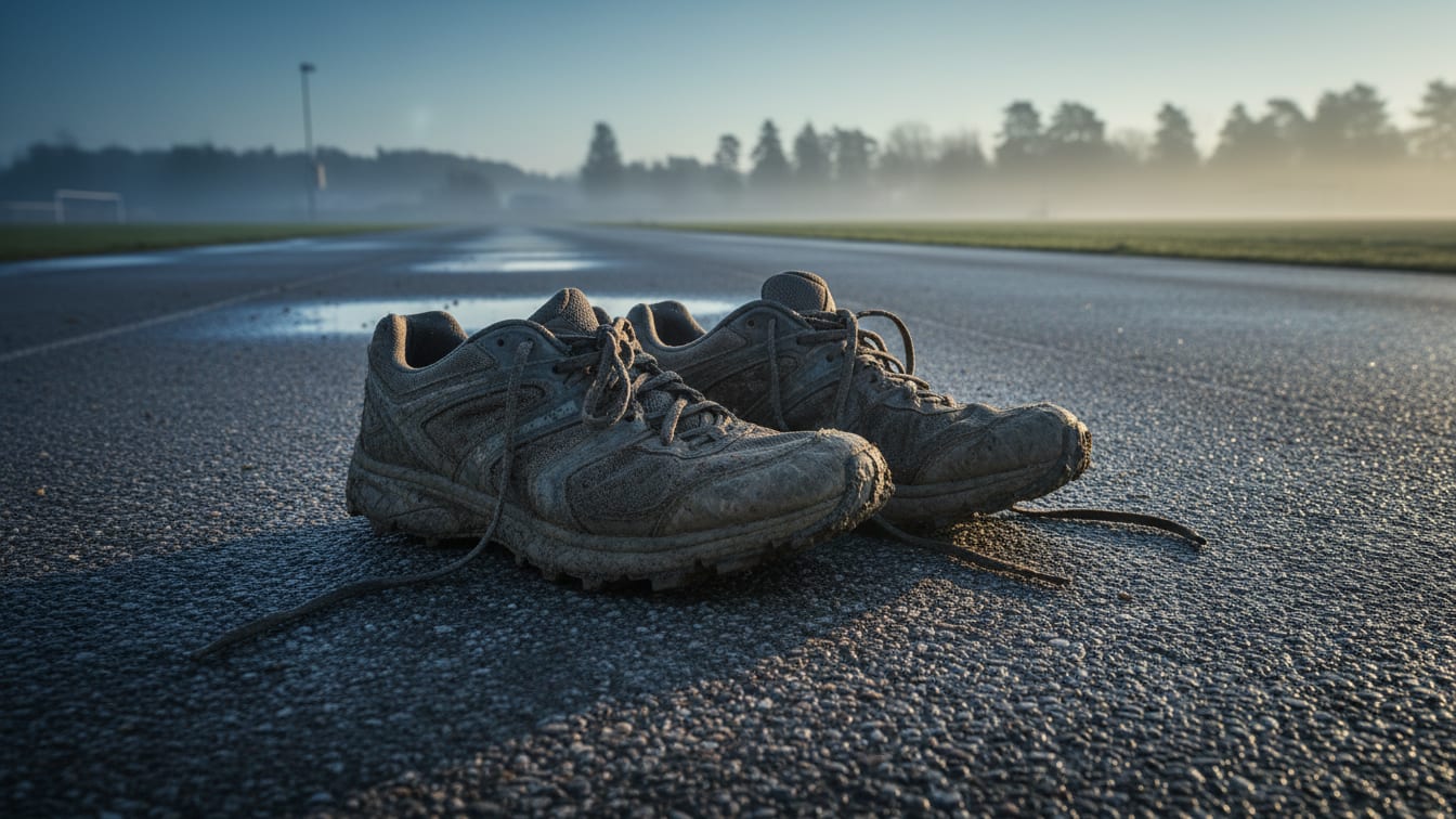 Illustration: Worn running shoes on a concrete track at dawn, illustrating the grit and effort of training.