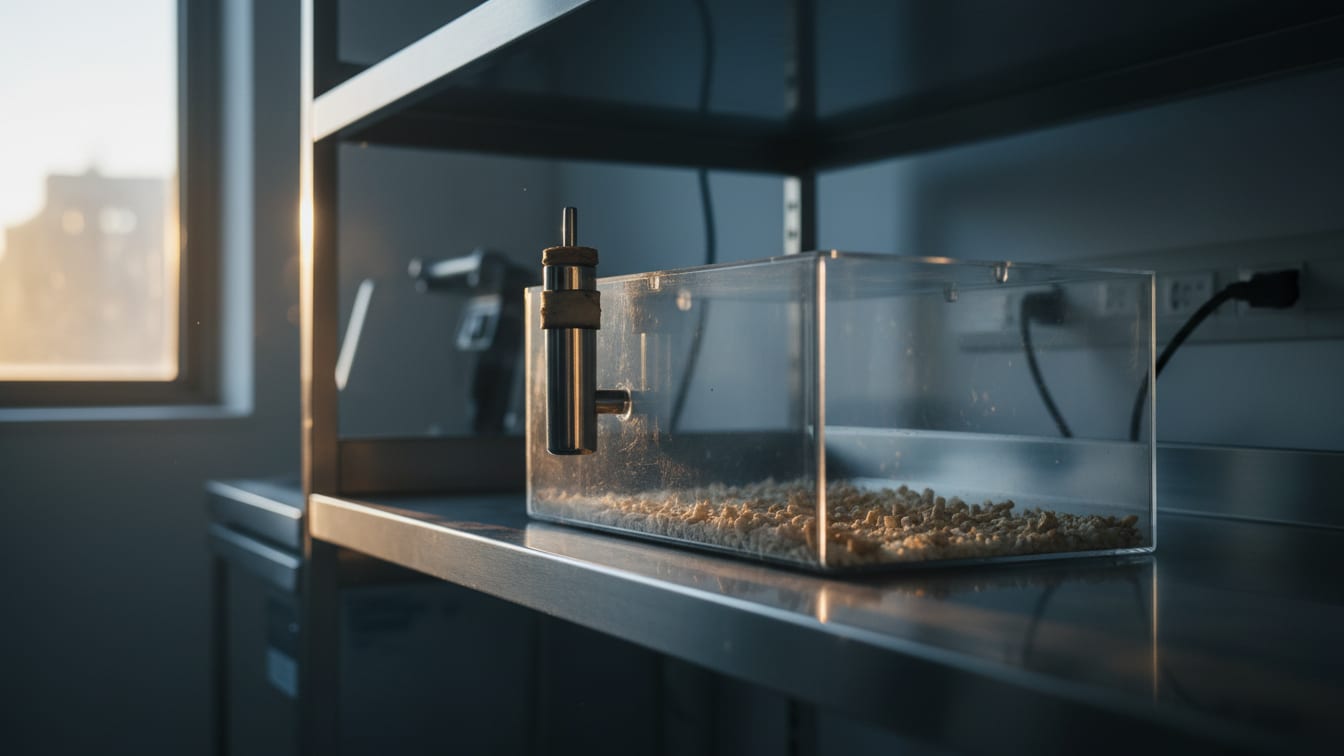 Illustration: An empty laboratory mouse cage with a water bottle and food pellets in a sterile setting.