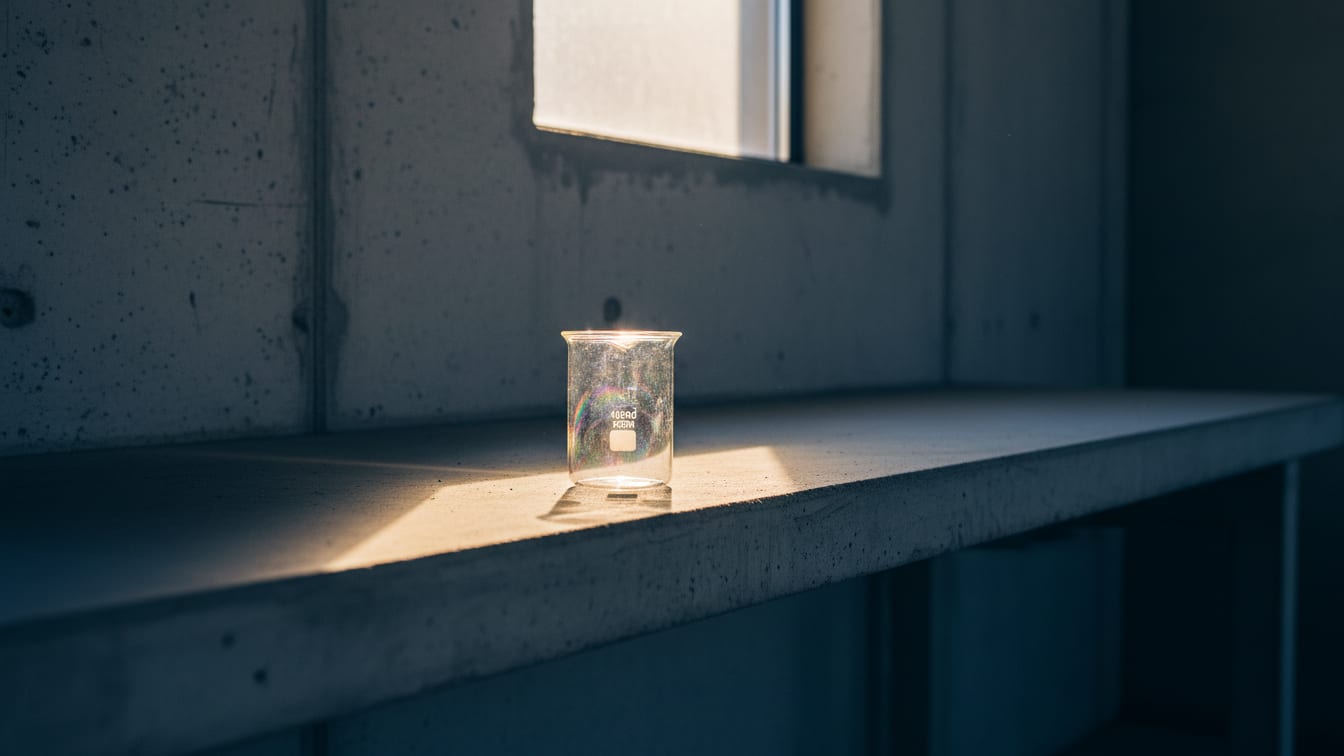Illustration: An empty glass beaker with residue on a concrete lab bench in warm morning light.