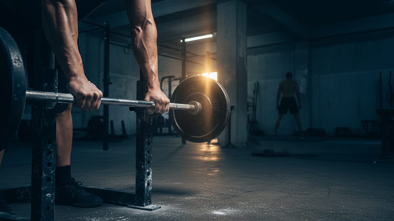 Illustration: Chalked hands firmly gripping a barbell in an empty, dimly lit gym, illuminated by early morning sunlight.