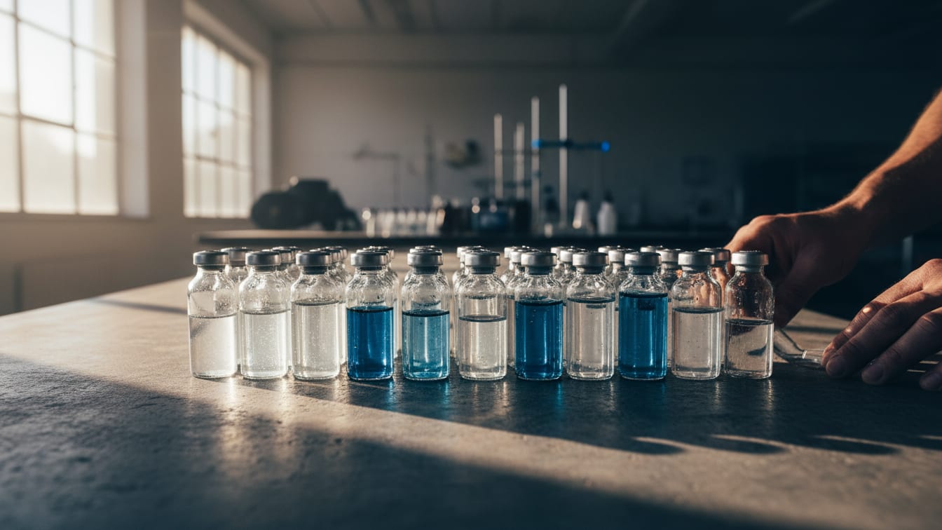 Illustration: Several unlabeled glass vials with clear liquids on a concrete lab bench in morning light.