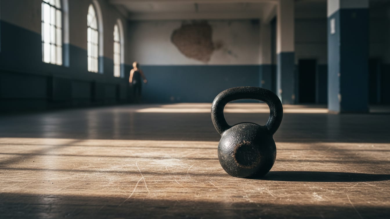 Illustration: A kettlebell sits on a wooden floor in a dimly lit gym, showcasing the raw tools of training and the quiet.
