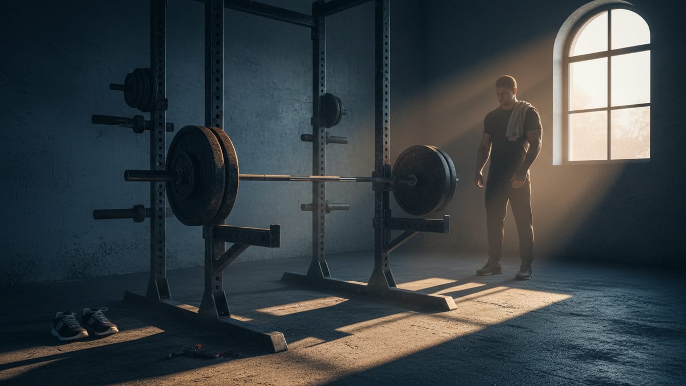 Illustration: A barbell on a gym rack at dawn, with warm daylight highlights and deep blue tones, conveying an atmosphere of.