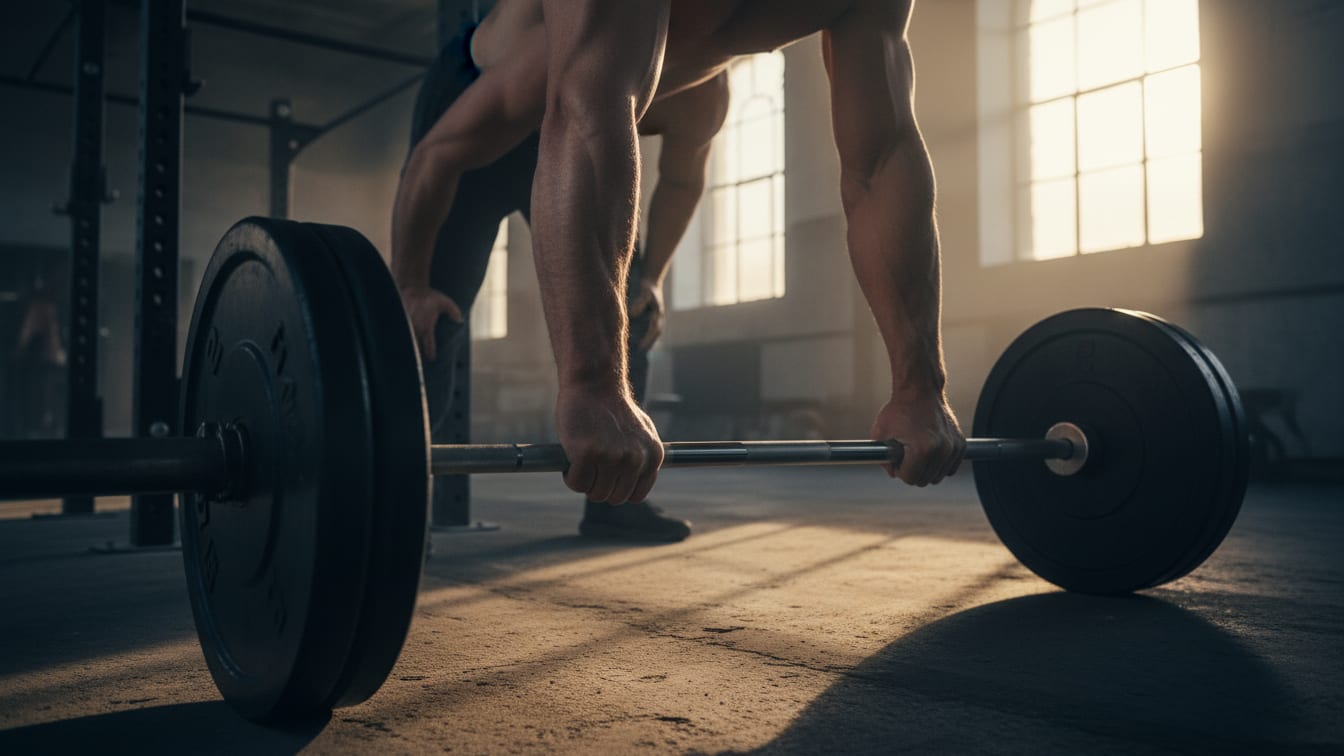 Illustration: Chalked hands grip a barbell in a gym, highlighting early morning training and physical effort.