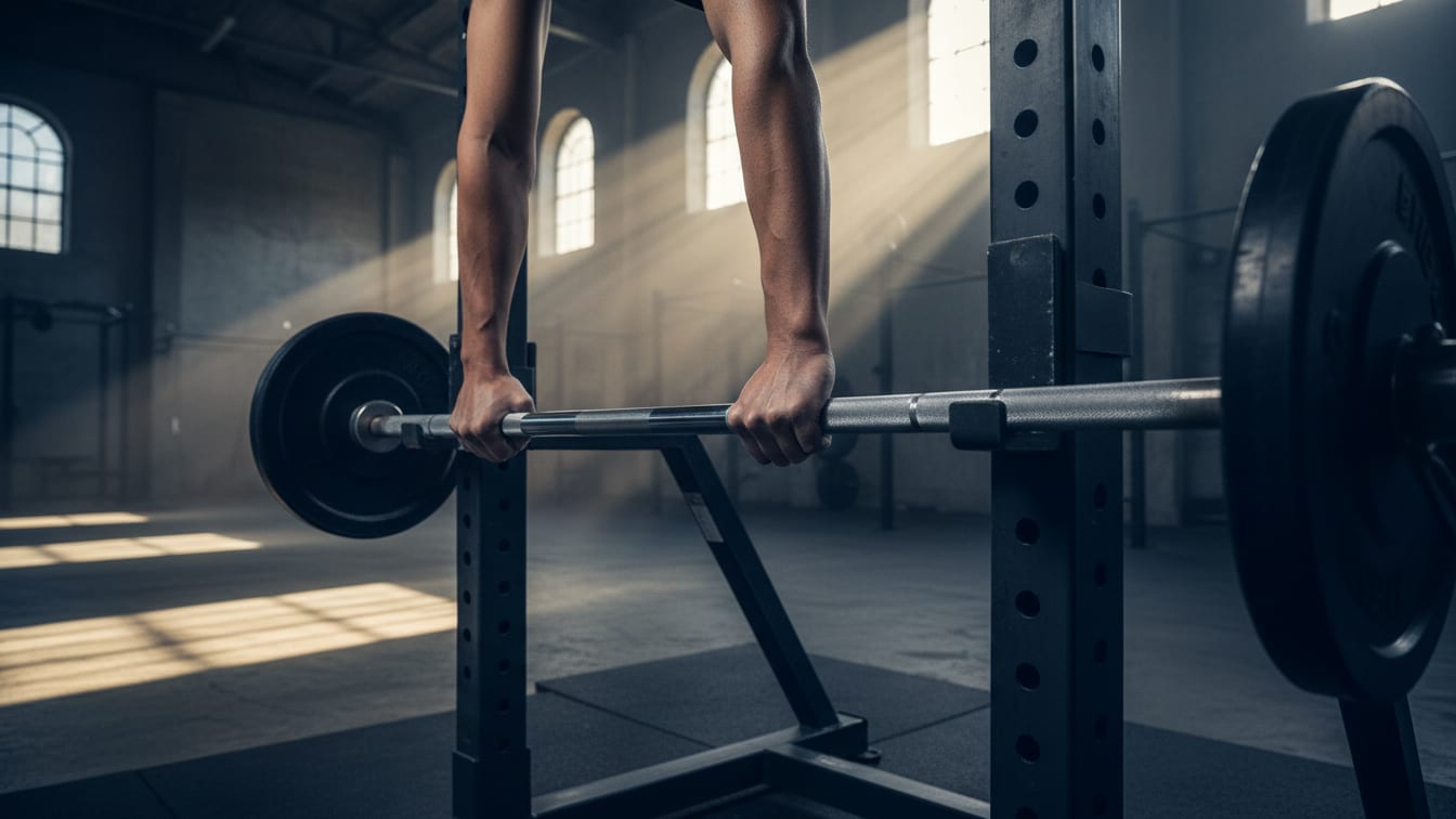 Illustration: Chalked female hands grip a barbell on a weight rack in an early morning gym, bathed in warm light.