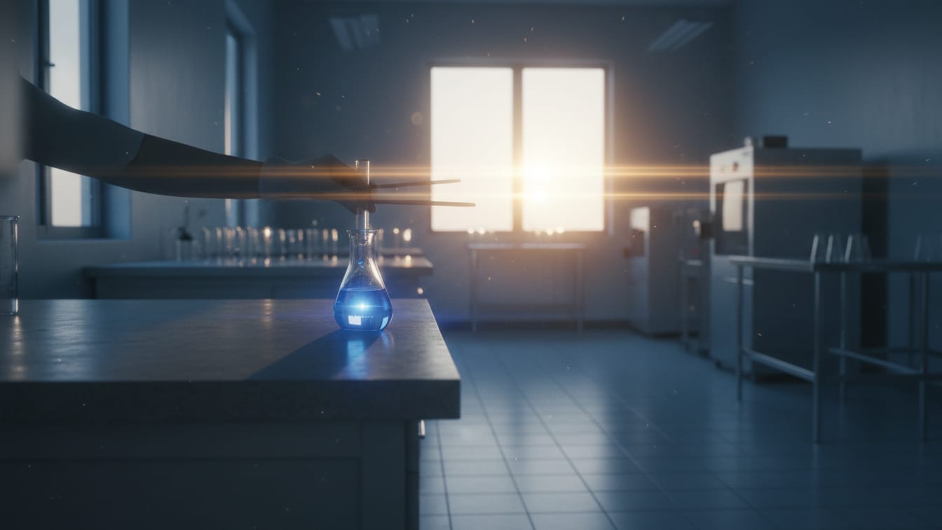 Illustration: An empty laboratory at dawn, with a single glass flask standing on a dark bench and sunlight behind it.