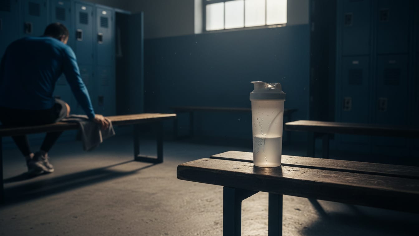 Illustration: A cold, sweat-beaded, unbranded shaker bottle on a wooden bench in a dimly lit locker room.