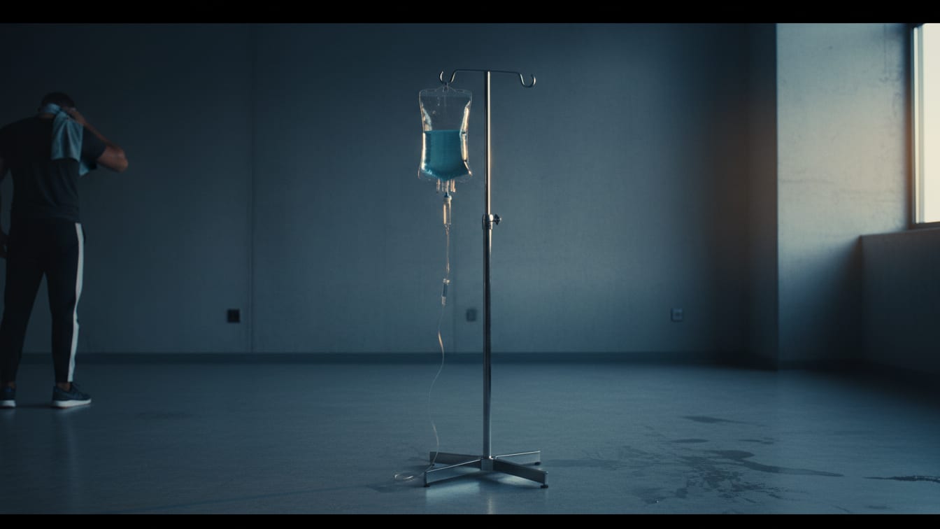Illustration: An unbranded IV bag on a metal stand in a sterile, dimly lit clinic room.