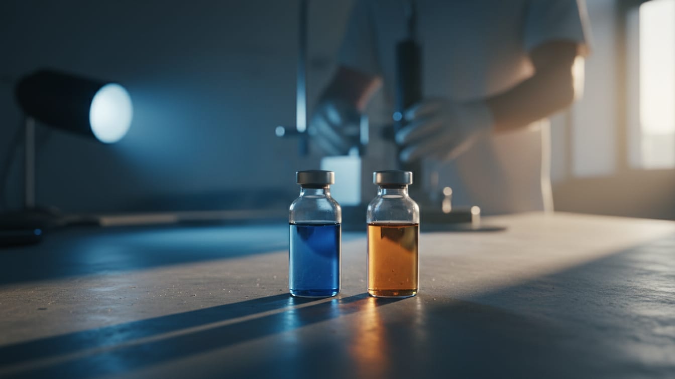 Illustration: Two distinct medical vials on a sterile concrete lab bench under blue and warm light.