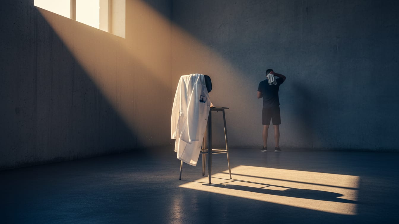 Illustration: A white lab coat on a stool in a concrete lab, lit by morning sun and blue reflections.