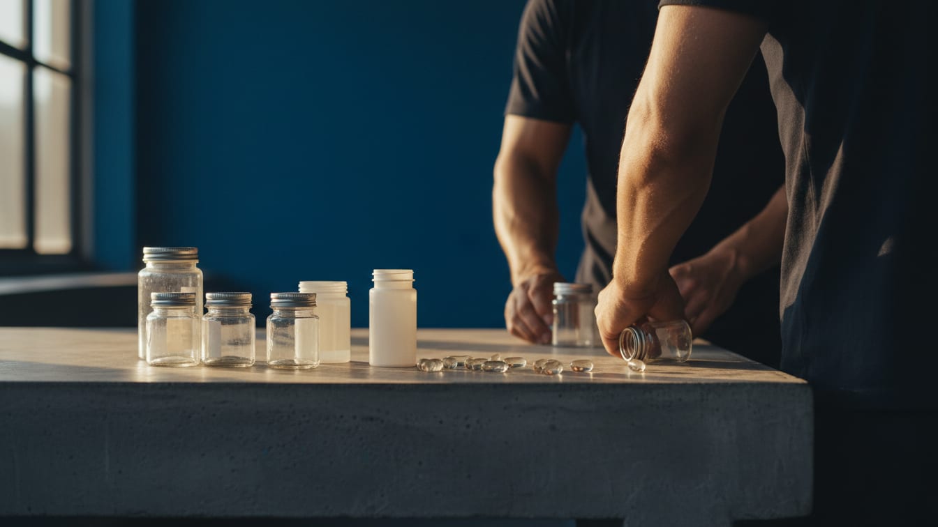 Illustration: Various unlabeled containers on a concrete lab bench in warm daylight.