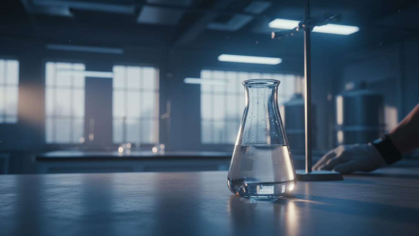Illustration: A glass beaker with clear liquid on a concrete lab bench under cool blue and white light.
