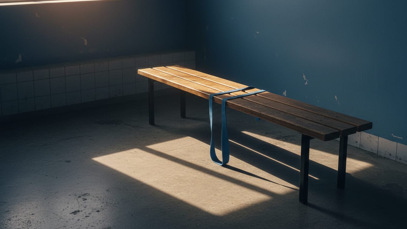 Illustration: An unbranded resistance band on a locker room bench in early morning light.