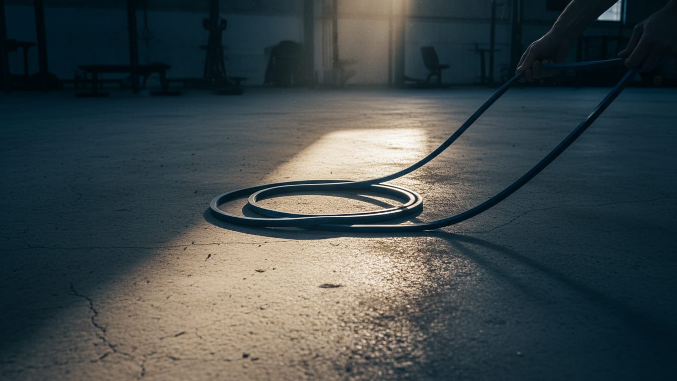 Illustration: A coiled resistance band on a concrete floor in morning light.
