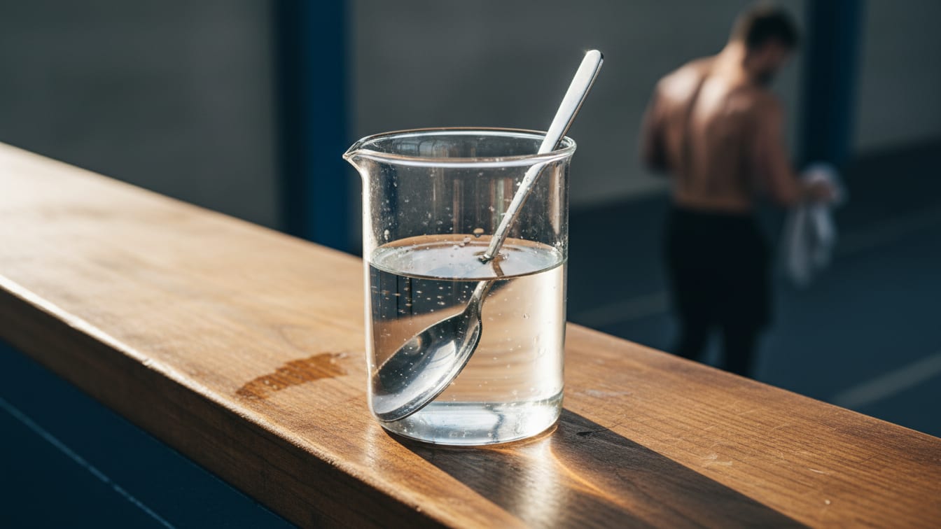 Illustration: A glass beaker with a metal spoon on a wooden counter in morning light.