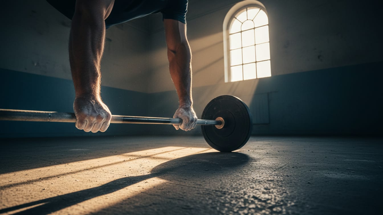 Illustration: Chalked hands grip a barbell in an empty gym at dawn, emphasizing early morning training and raw effort.